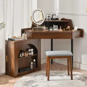 55.9" Corner Vanity Desk with Mirror and Lights, Modern Fluted Makeup Vanity Desk with Large Storage Brightness Adjustable Folding Mirror, Wood Dressing Table for Women Girls, Small Place vanity mirror vanity desk