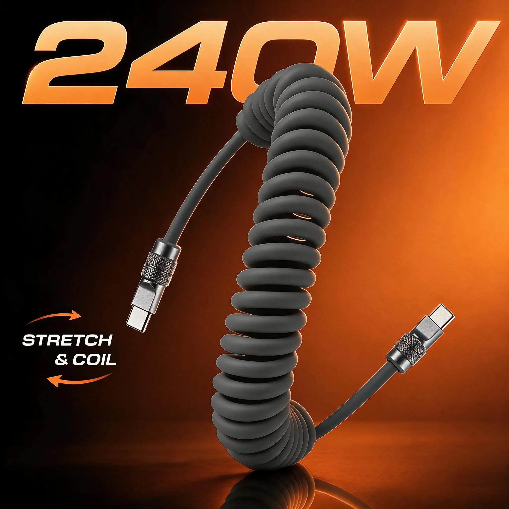 Curly Chubby- 240W Coiled Fast Charging Cable for Car [240H Sag-Free],techvibes