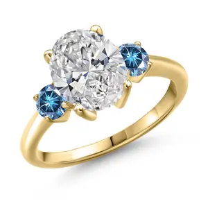 Gem Stone King 2.46 cttw IGI Certified Lab Grown Diamond and Persian Blue Moissanite 3-Stone Engagement Ring For Women | 18K Yellow Gold Plated Silver | Center 2.00 Ct Diamond | D-E Color | VS1-VS2
