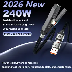 240W Fast Charging Foldable Phone Holder, 3-in-1 Multi Charging Cable with USB-A & Type-C, Dual Type-C Elbow Design, Super Fast Charging for iPhone & All Mobile Phones