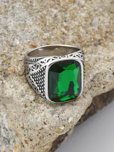 Men's Vintage Filigree Blue Crystal Ring, Polished Stainless Steel Statement Jewelry