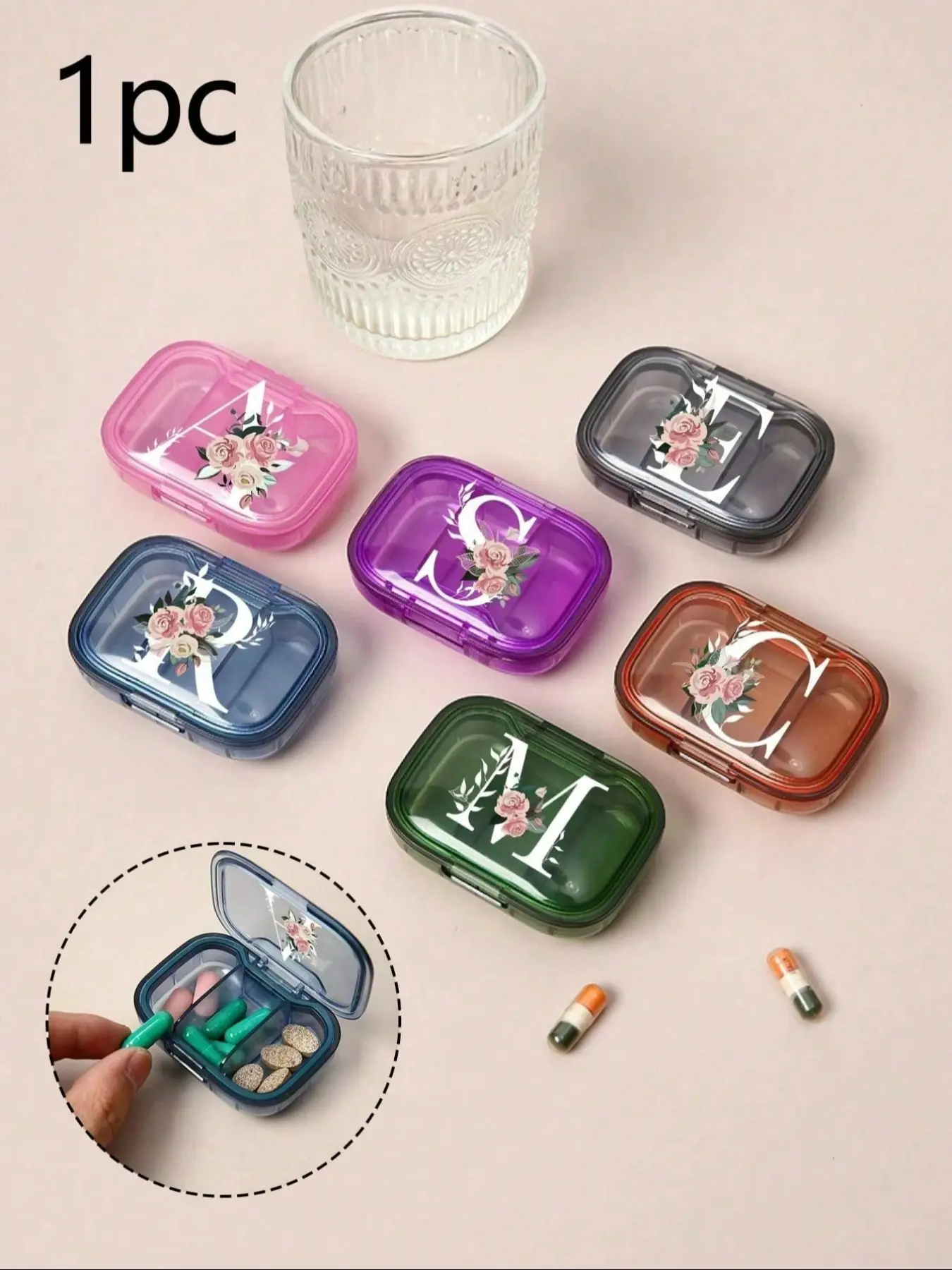 Floral Letters Printed On It Portable Pill Organizer, Portable Mini Pill Organizer Box, Daily Meal Pill Splitter Box, On-The-Go Medicine Divider, Weekly Travel Pill Case, Vitamin Organizer, Supplement Organizer, With 3 Compartments, Home And Travel