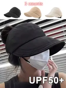 Women's Foldable Sun Hat Set (3pcs), Wide Brim Design, Breathable Top, Perfect Match for Ponytail Braid, Casual Fitted Style