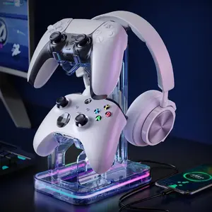 P-CPS026    Gaming Headphones Stand, RGB Headset Stand with 2 USB Charging Ports, Dual Controller Holder with Light Modes, Earphone Hanger Accessories for Desktop Gamer