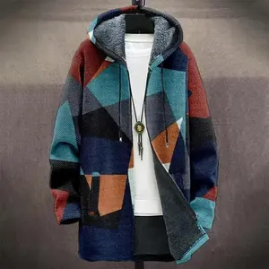 Digital Printed Hat Cardigan Men's Mid-length Trench Coat Vintage Street Style Warm Coat