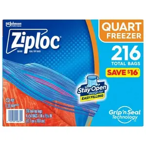 Ziploc Brand Seal Top Quart Freezer Bags 216 ct Organiser with Grip n' Seal Technology for Easy Filling and Freshness Locking 4 Boxes 54 Bags Each Dustproof BPA-free Microwave Safe
