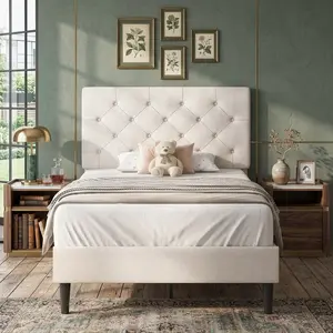Upholstered Platform Bed Frame with Button Tufted Linen Headboard Sturdy Wooden Slat Support No Box Spring Needed Easy Assembly Bedroom Furniture Twin Full Queen King Size Multiple