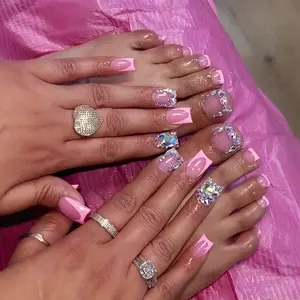Upgrade Your Look - 48pcs Pink French Style Manicure Set With Rhinestones For Women And Girls Press On Nails Multicolor High Quality Glitter Diy False Toenails nail