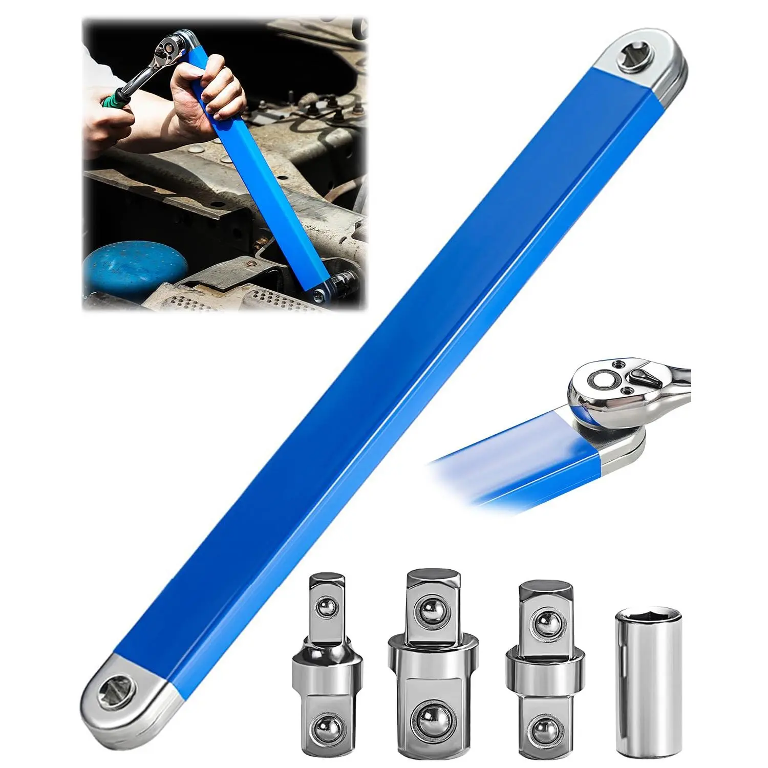 Upgraded Offset Extension Wrench Set, 15Inch Tight Reach Ratchet Wrench with 1/4", 3/8", 1/2" Square Drive Adapters, Heavy Duty Steel Extension Wrench
