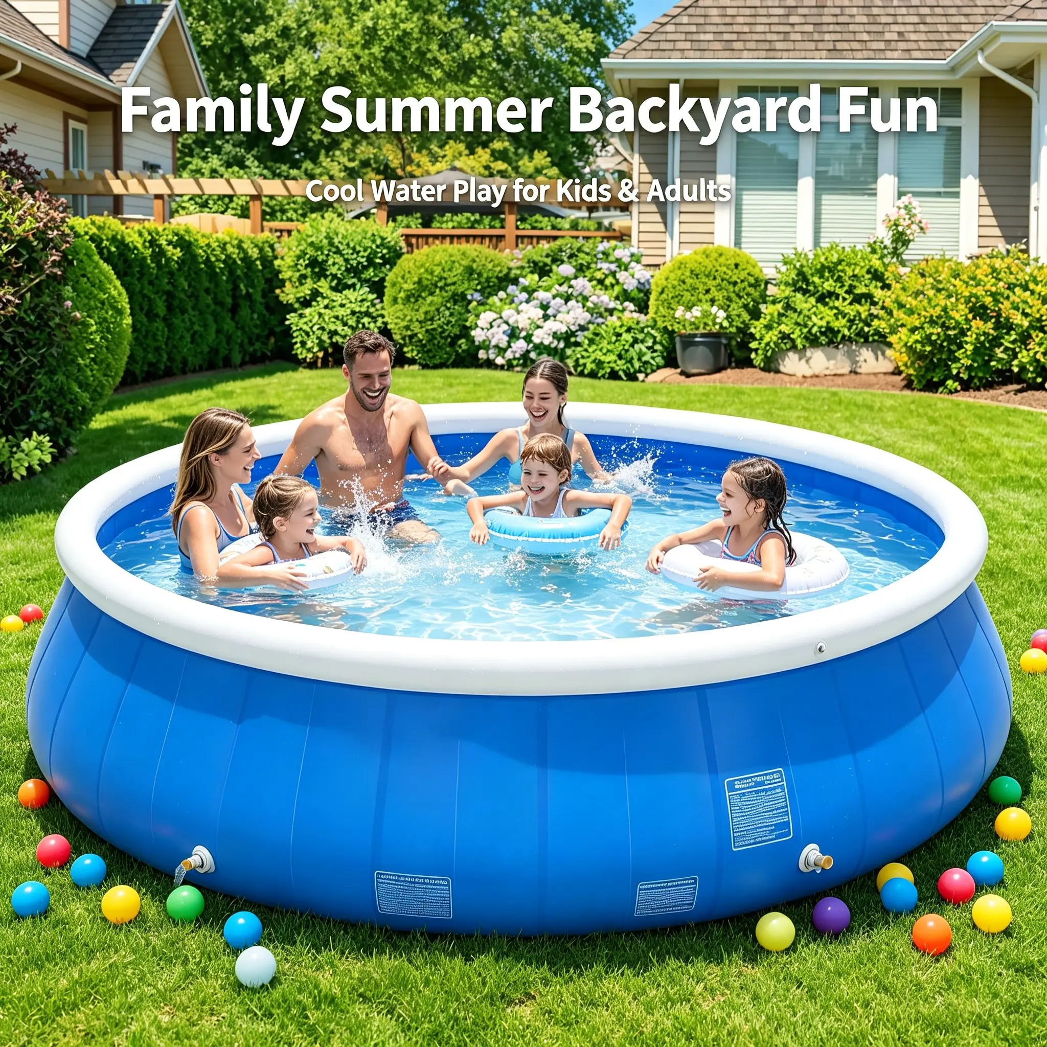 72" Family Inflatable Above Ground Pool, Heavy Duty 3-Layer PVC Blow Up Pool for Kids Adults, Quick Set Easy Fill Backyard Water Pool, Leakproof Foldable Swimming Pool for Summer Outdoor Family Fun campingessentials