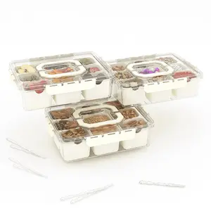 Divided Serving Tray with Lid and Handles 9 Compartments Snack Box Container Charcuterie Organizer Snackle Box Container for Candy,Nuts，Fruits,Snacks,2 Pack,Beige