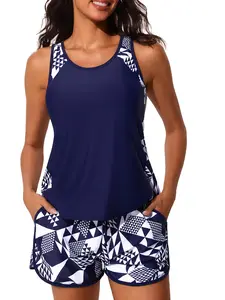 Mae Blouson Tankini Swimsuits for Women 2026 Tummy Control Two Piece Bathing Suits with Sporty Pockets Swim Shorts