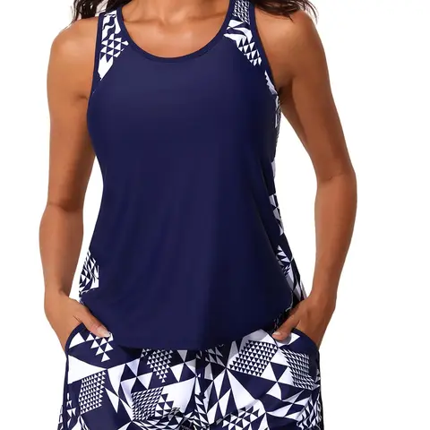Mebakuk Women's 2026 Tankini Sports Swimsuit 2-Piece Set, Tummy Control, Padded Cups, Side Print, Full Linings, Swim Shorts with Sporty Pockets