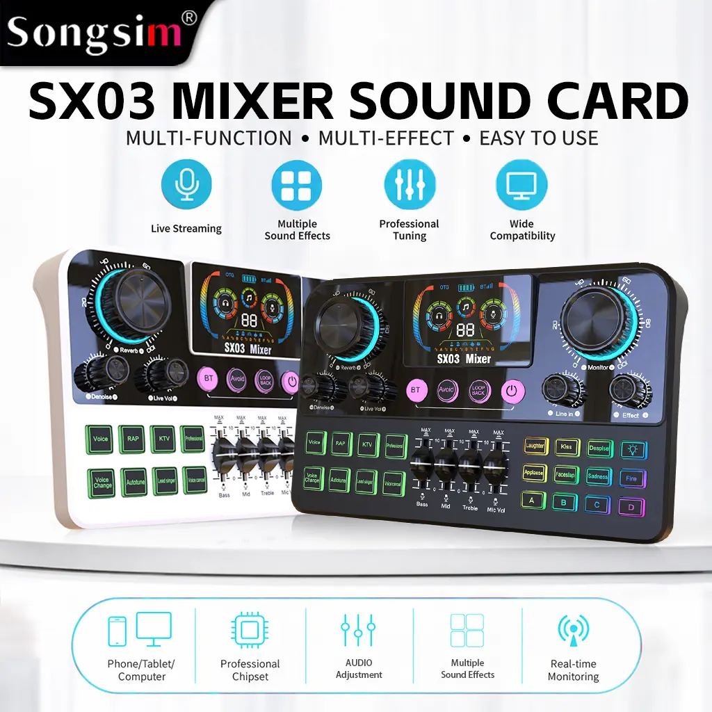 Songsim SX03 Audio Mixer - 1-Click Bluetooth Mode, Multiple Faders & Knobs for Easy Vocal, Accompaniment & Reverb Control, No Complex Setup, Built-In Ducking, Auto-Tune, Voice Changer, Noise Reduction & Scene Presets, Accompaniment Control