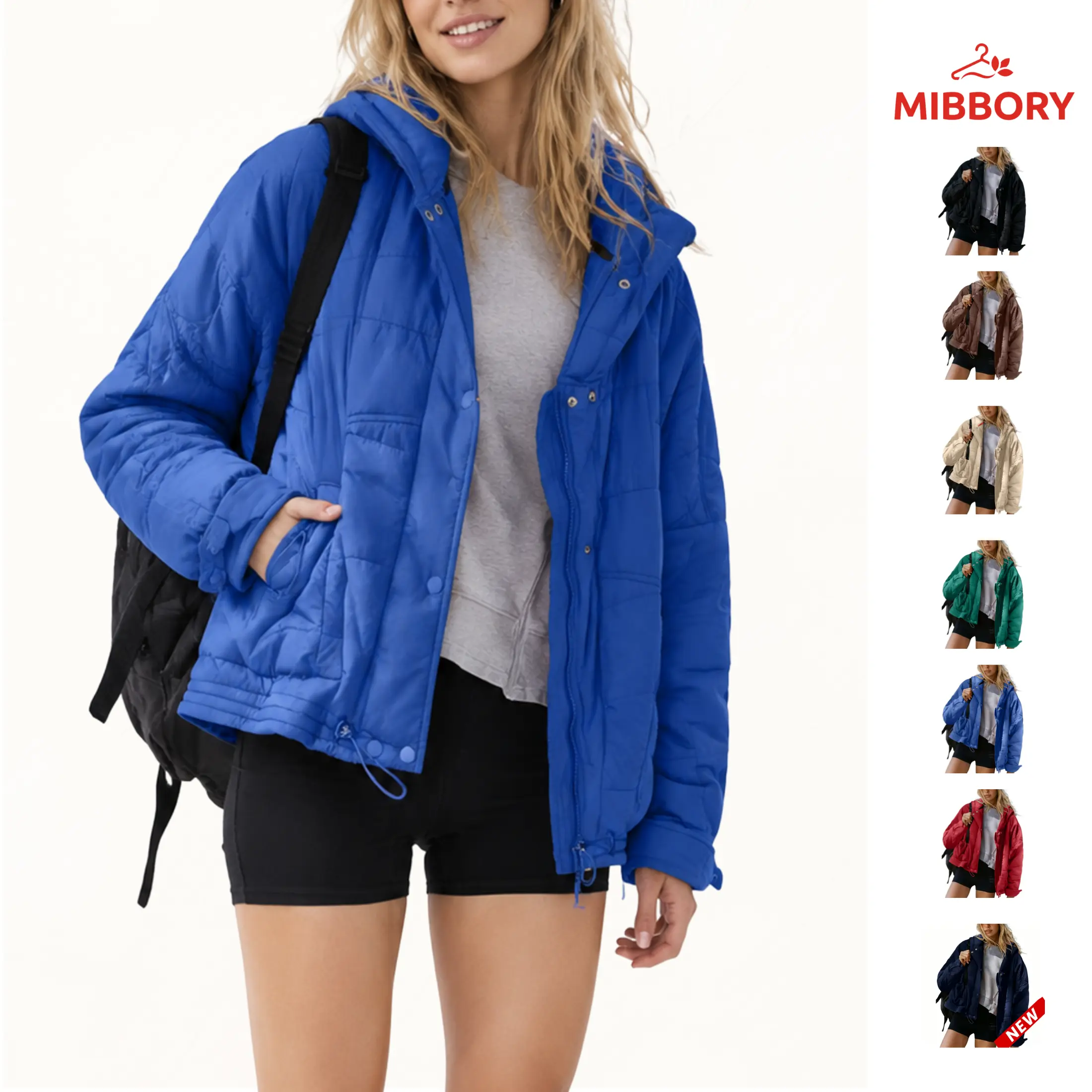 Mibbory Quilted Down Jacket for Women 2026 Fall Winter Fashion Short Hooded Puffer Coat | Full Zip Snap Button Storm Flap Drawstring Hem Adjustable Cuff Quilted Jacket with Pockets, Oversized Loose Warm Outwear, Lightweight Packable Winter Coat