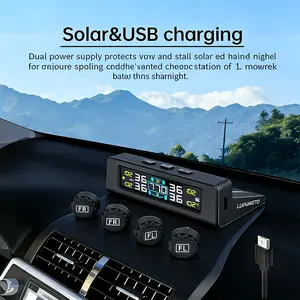 4 External Sensors Wireless Tire Pressure Monitoring System | TPMS Kit Real-Time Pressure & 6 Alarm Modes, For SUV, MPV, Pickup & LCD Digital Display Tire Pressure Gauge, USB Charging Solar Powered