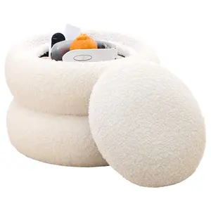 (Original SKU: 08675722 Storage Ottoman, Round Teddy Velvet Footrest with Tray, Macaron-Shaped Stool, Modern Side Table,