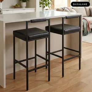DAYALANE[Valentine's Day] Dino Bar & Counter Stools (Set of 2) Modern Bar Stools Set o`f 4 Leather Upholstered Bar Height Barstools with Low Back and Metal Frame 30 Inch Counter Tall Bar Chairs Industrial Island Chairs for Kitchen/Pub, Black