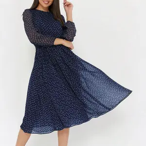 Polka Dot Flowy Midi Dress with Sheer Sleeves Summer Casual