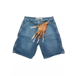 European And American Summer Street Trend Hip-hop Funny Pattern Printed Denim Shorts Men's High Street Fashion Brand Wide Legs