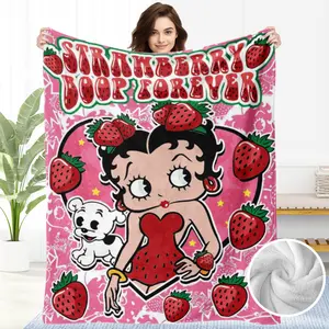 Strawberry fruit Pattern Betty Boop Flannel Blanket Cozy Soft Throw for Women Girls Birthday Christmas Gift Home Decor outdoorfun