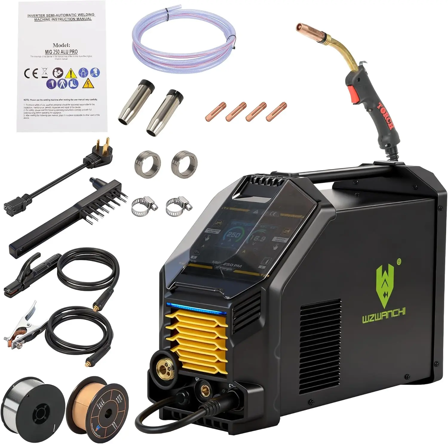 MIG250PM 6-in-1 250A Aluminum MIG Welder, 110V/220V Portable with LCD Display & 45° Beveled Nozzle, Gas/Flux MIG, Lift TIG, ARC, Spot Welding – Dual Voltage for Pro & DIY