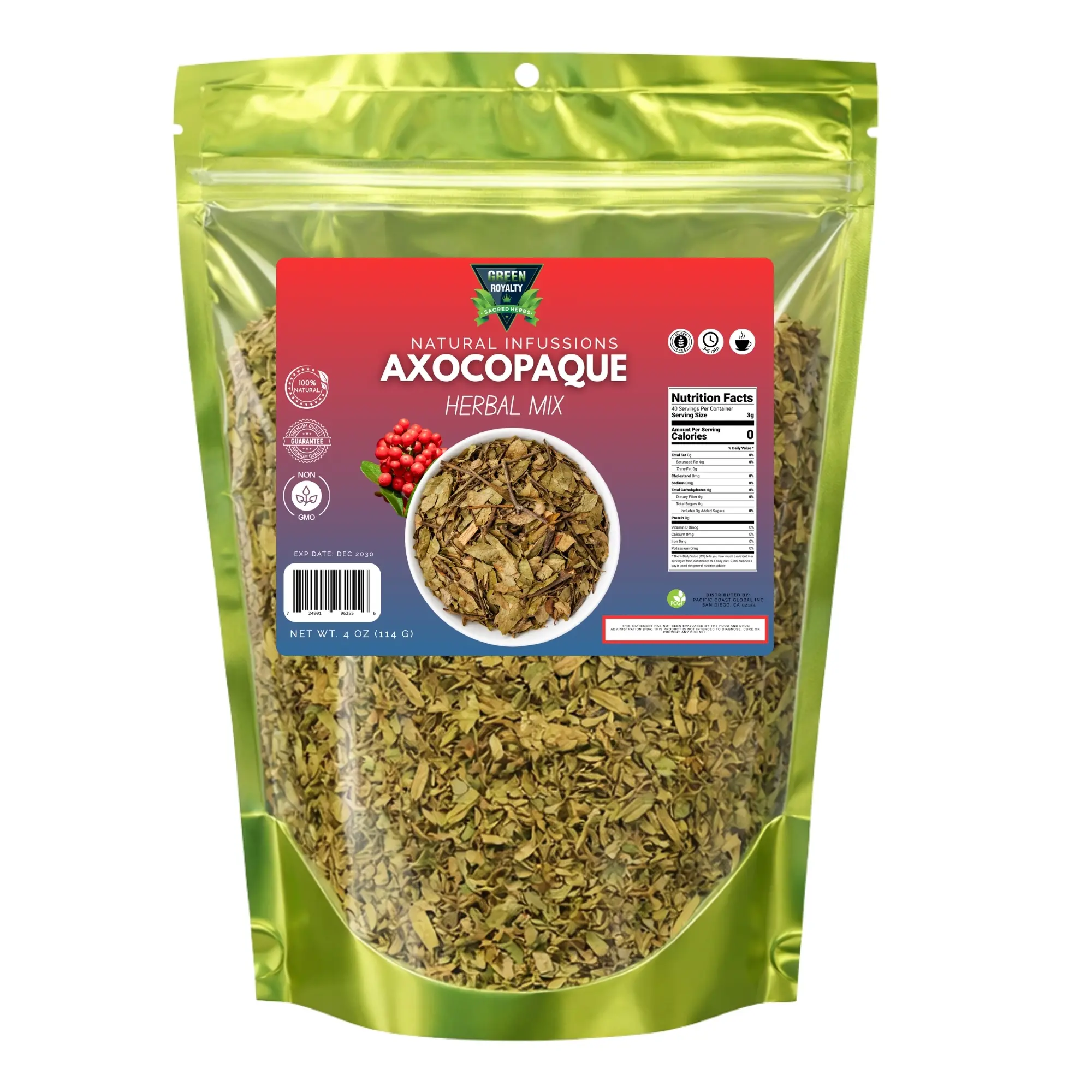 Green Royalty Axocopaque Loose Leaf Herbal Tea, 4oz Caffeine-Free Sugar-Free Unflavored Natural Infusion Refill Pouch for Adults - Digestion Support, General Wellness (30+ Cups)