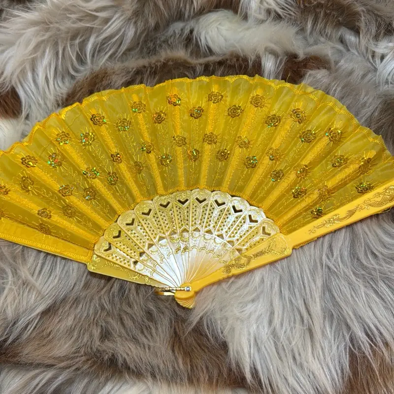 Yellow Fan Abanico with Floral Embellishments and Heart-shaped Cutouts for Stylish Use