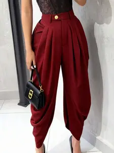 Women's High Waist Loose Pleated Asymmetrical Dry Clean Casual Pants - Spring/Autumn Button-Front Relaxed Linen High-Quality Trousers, Dry Clean Pants