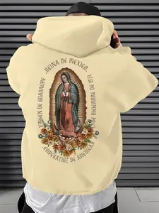 Men's Saint Mary Print Drawstring Hoodie, Graphic Hoodie, Hoodie Sweatshirt, Casual Fitted Letter Pattern, Fall & Winter Fashion, H Type Silhouette, No Ca Prop 65 Warning