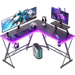 Mr Gaming Desk with LED Lights, L Shaped Desk Corner with Cup Holder & Headphone Hook, Computer Desk Home Office Desks with Large Monitor Stand, Carbon Fiber Surface, Black 51 Inch