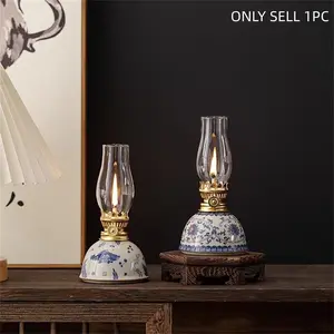 Blue-And- Porcelain Ceramic Decorative Piece, Vintage Style Oil Lamp (no Oil), Candlestick Accessory, Perfect Home Decoration