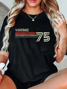 100% Cotton Unisex Vintage 1975 Chest Stripe 48 Birthday T-Shirt Retro Birthday Tees Casual Top