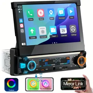 7-Inch 1 Din Retractable Motorized Flip-Out Touchscreen Car Stereo with Android Auto & CarPlay,, MP5 Video Player, FM Radio, USB/TF/AUX, Hardwired Power (No External) - Car Multimedia Receiver for All Vehicles Car Display Screen