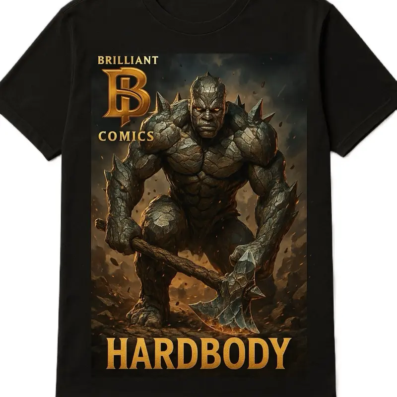 Brilliant Comics Hardbody Limited Edition Brilliant Black Tee with Graphic Design Featuring a Powerful Figure