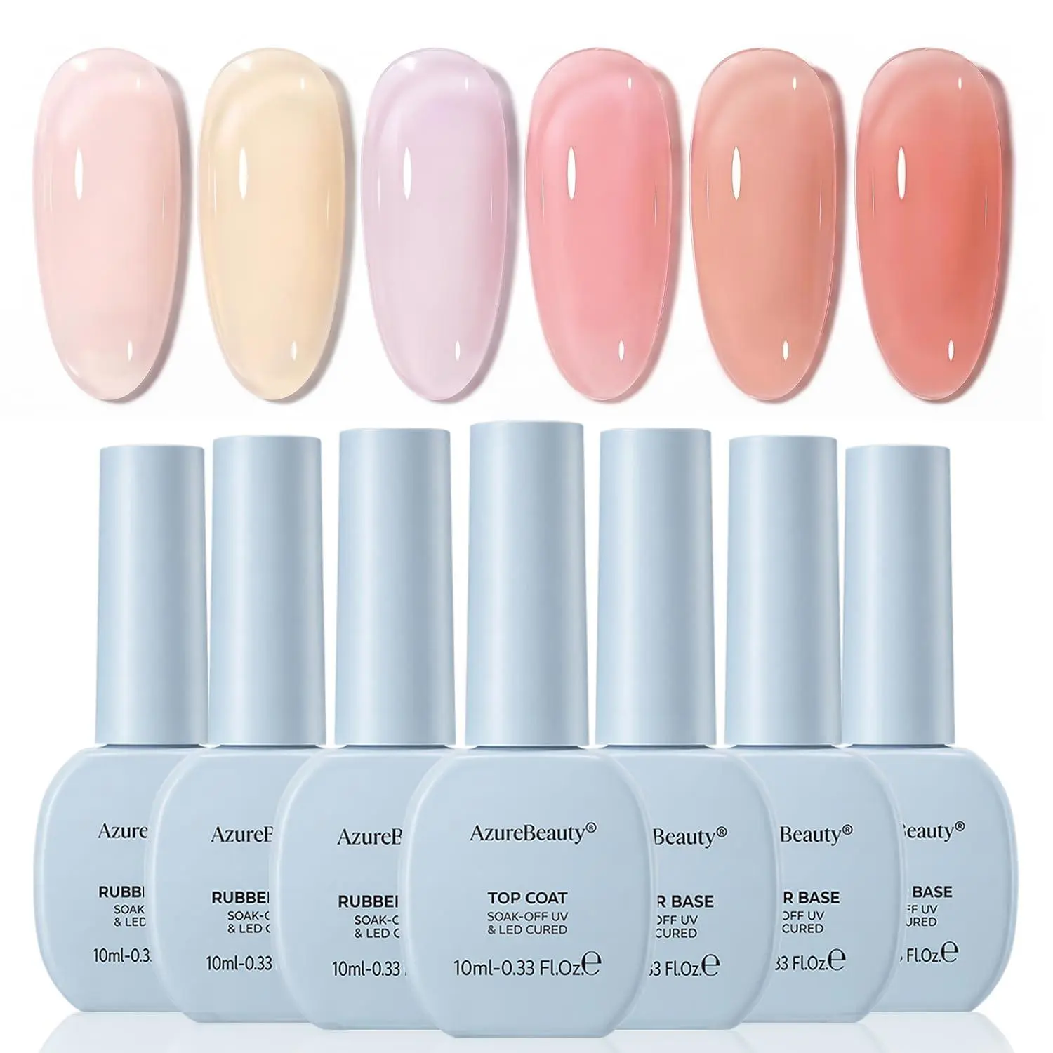 AZUREBEAUTY Rubber Base Gel Polish Set, 7-Piece Builder Gel Nail Strengthener for Thin Nails with Top Coat, Sheer Nude Pink Jelly, Self-Leveling Soak Off UV/LED for Manicure, Gel Polishing