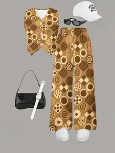 Caramel Cookie Print Vest Set, Soft Cute Style, Casual Streetwear, Fitted Without Collar, All over Print, Perfect for