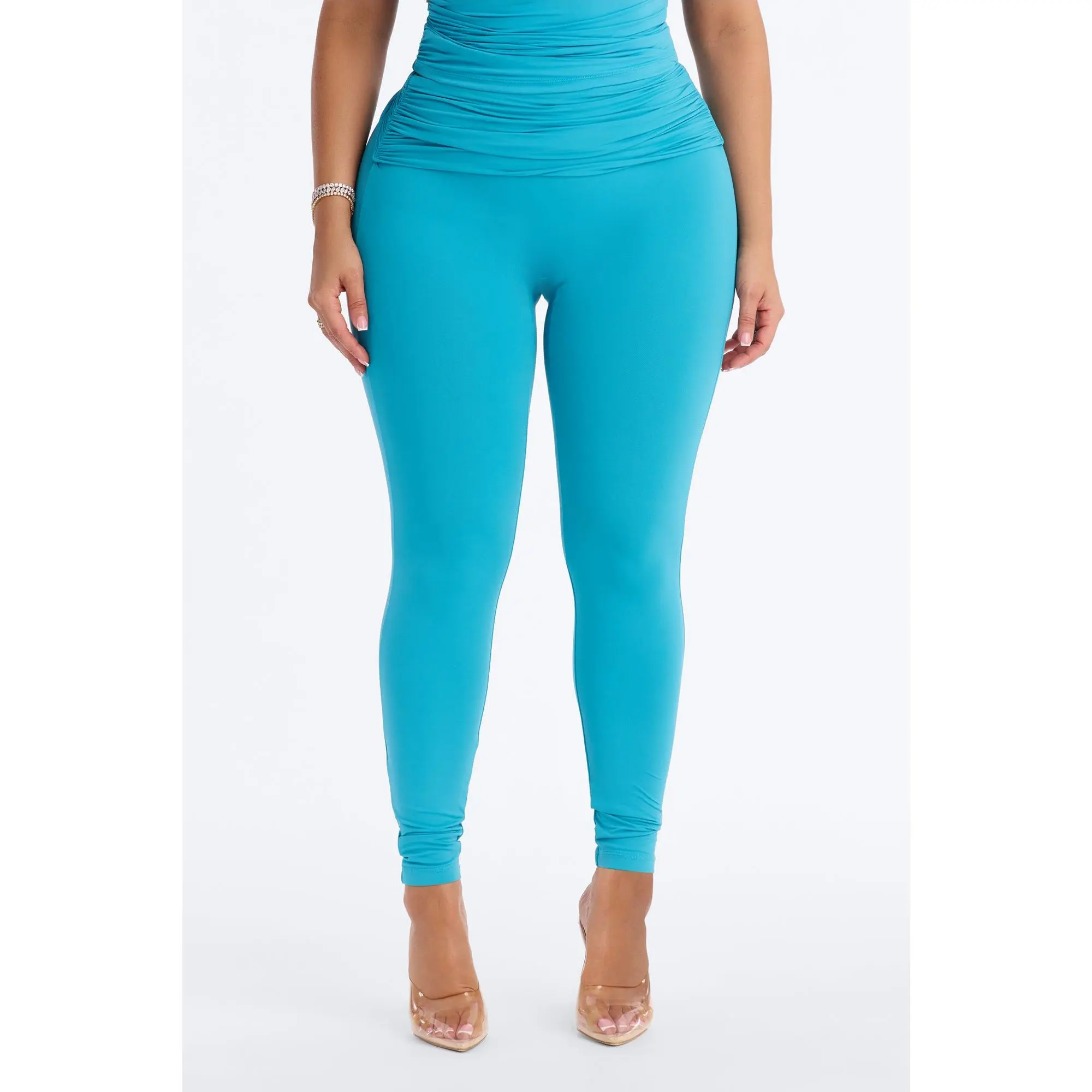 Second Skin Double Lined Ruched Foldover Leggings - Blue