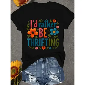 Plus Size Vintage Women's Thrifting TShirt With Retro Slogan And Floral Print Quickdry Short Sleeve Casual Round Neck Top For Thrift Outfits Seasonal Style