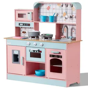 Play Kitchen for Kids, Wooden Toy Kitchen Set with Lights and Sounds, Toddler Kitchen with Ice Maker, Oven, Sink, Microwaves, Fridge and Utensil and Fruit Accessory for Toddlers ages 3-8,Pink
