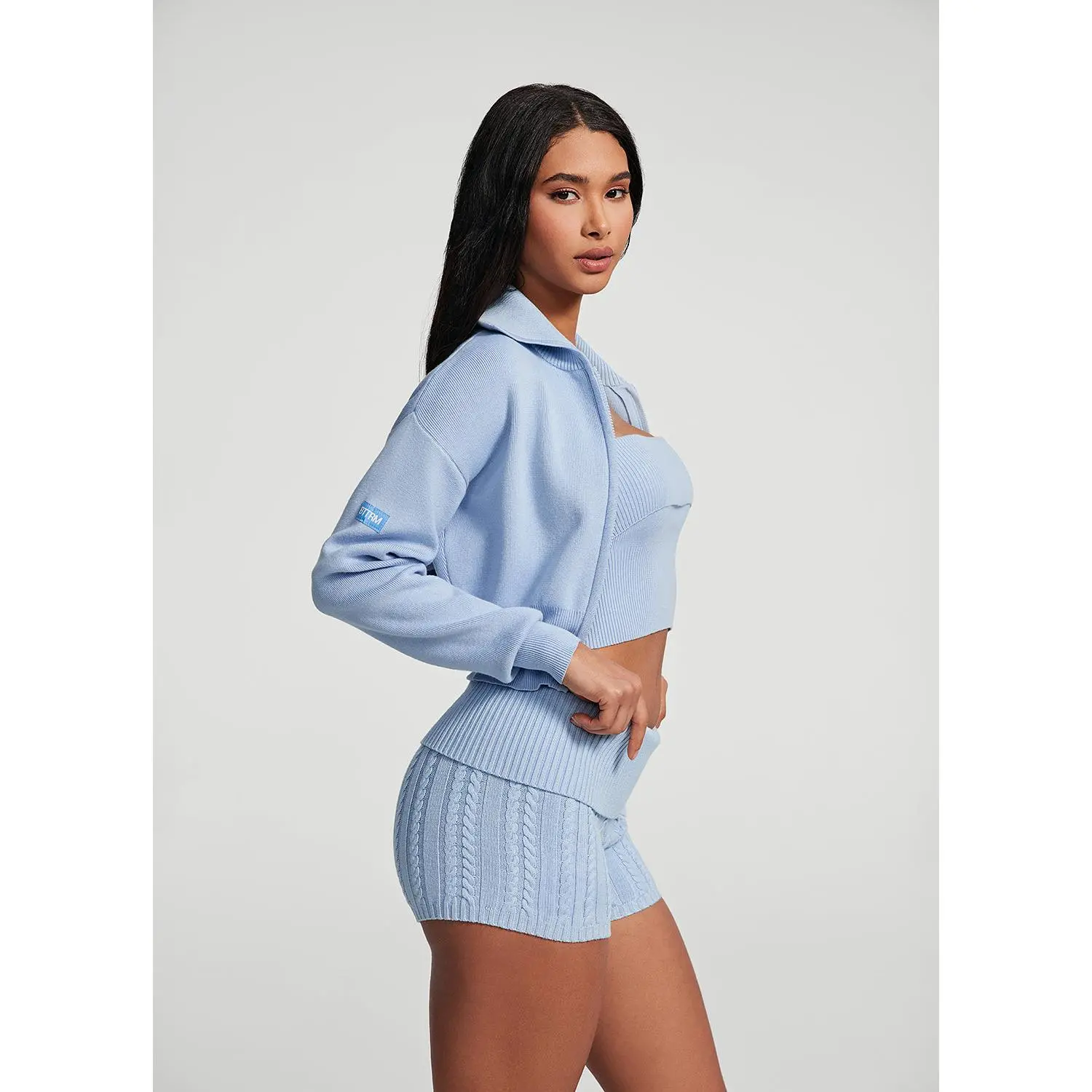 Women's Soft Knit Collared Neck Cropped Zip-Front Jacket - Long Sleeve, Curvy Drape, Casual Short-Length Coat with Hint of Skin