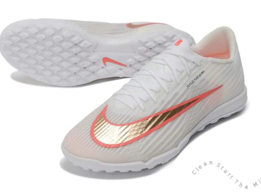 Rose Red Trim Metallic Gold Curved Accent Cream White Vertical Stripe Stretch Knit Turf Soccer Cleats, All White Square Anti-Slip Rubber Outsole Unisex Low Top Footwear for Indoor Artificial Grass Campus Daily Training