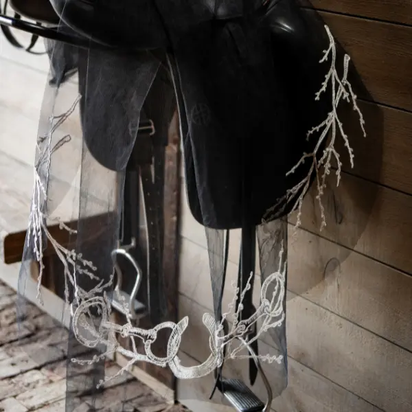 Equestrian Noir Charlotte Guernsey Black Wedding Veil - Hand Drawn Equestrian Bridal Veil, Silver Embroidered Waltz Length, Black Tulle Veil, Edgy Modern Bridal Veil, Evening Wedding Veil, Handmade Statement Veil