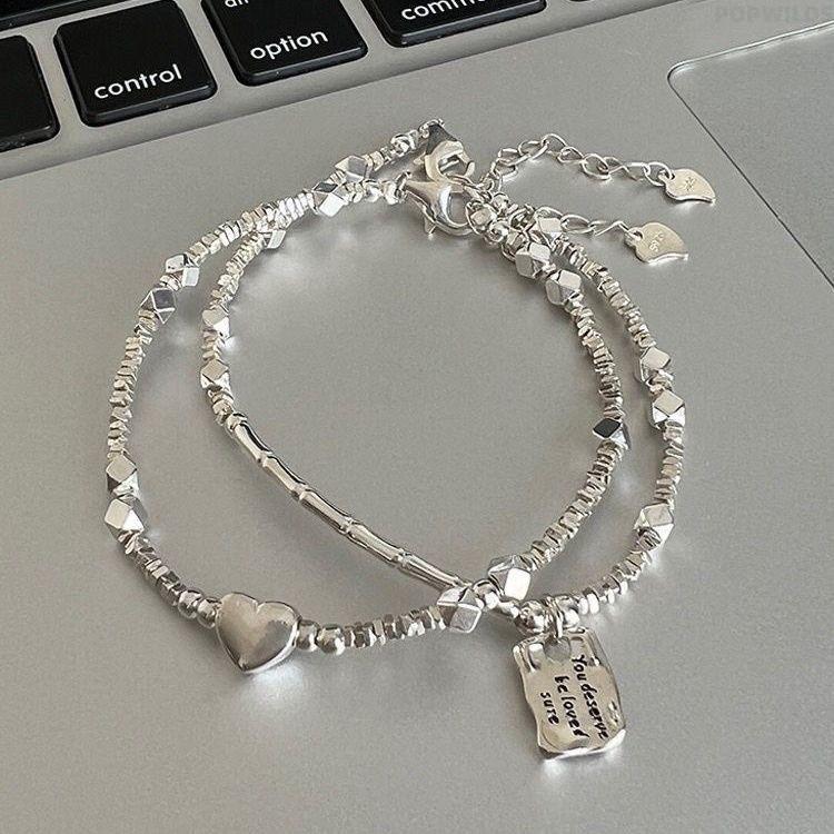 Women's Elegant Broken Silver Charm Bangle with Love Square Tag - Light Luxury Costume Jewelry, Love Theme Birthday Gift Ideas for Female, Jewelry Stack Accessory