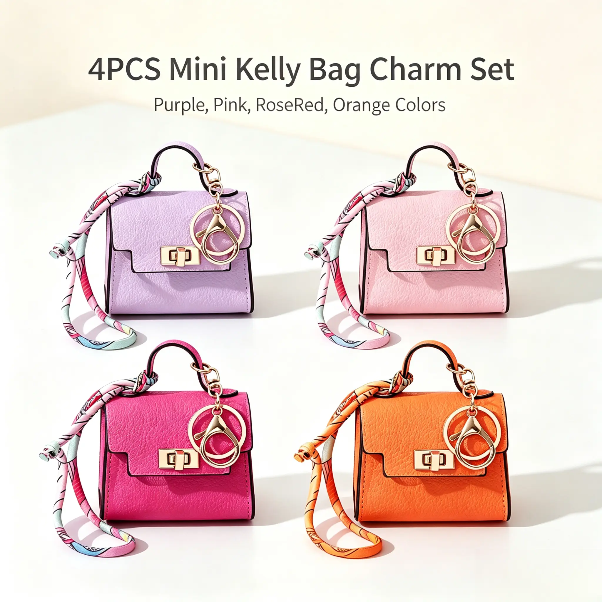Women's 4PCS Elegant Mini Leather Keychain - Cute Bag Charm, Backpack Accessory, Girly Car Key Holder, Colorful Strap, Purse Gift for Girlfriends, Girly Car Accessories, Purse Accessories