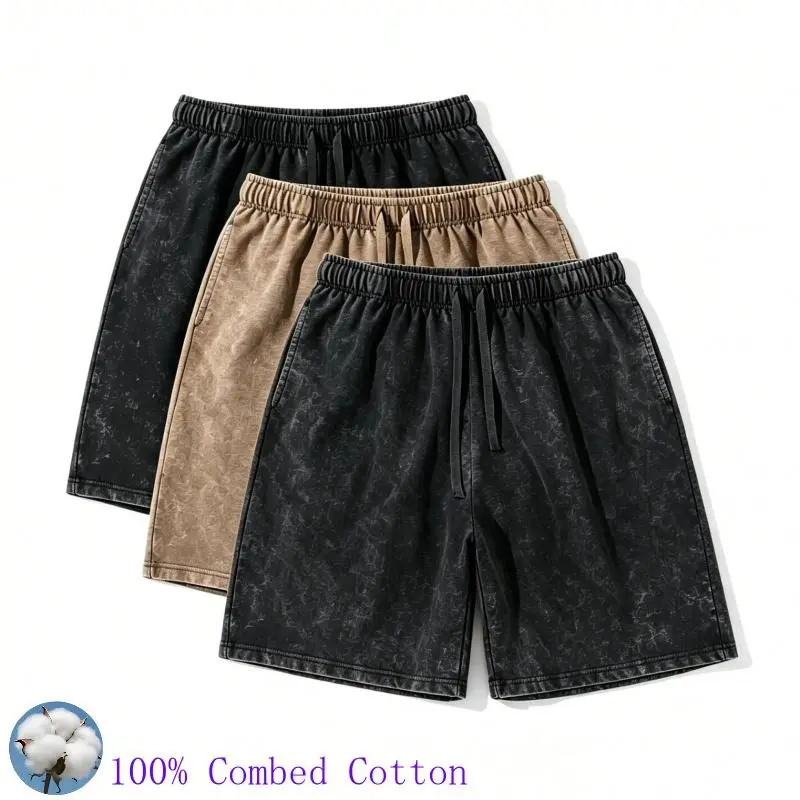 Men's Vintage Retro 100% Combed Cotton Drawstring Beach Shorts - Above the Knee, Plain Fabric, Elastic Waist, Loose Fit, Breathable, Soft, Durable, Comfy, S-3XL, Side Pockets, Casual Streetwear, Ideal for Summer Daily Wear, Gym