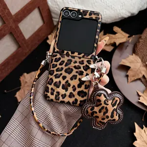 Leopard Print Side Snap Magnetic Phone Case for Samsung Galaxy Z Flip 7/6/5/4/3, Optional Matching Accessories and Lanyard, Anti-Drop Protection, Shockproof, Smartphone