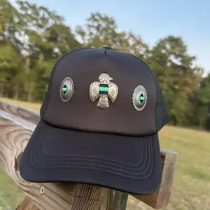 All Black Thunderbird Concho Trucker Hat with Turquoise Accents and Mesh Back
