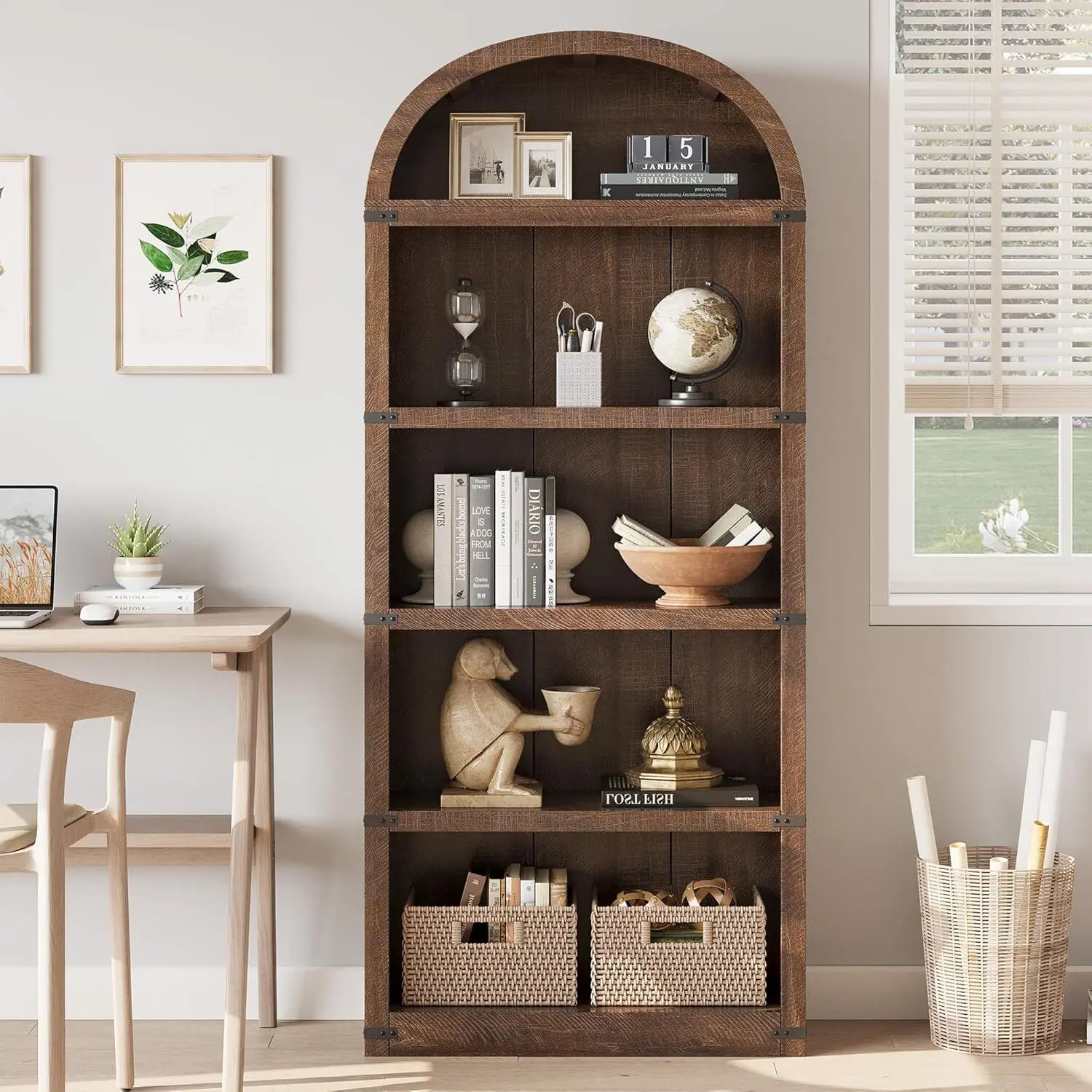 Gaomon Arched Top 5-Shelf MDF Wood Bookcase, 71in Tall Durable Storage Rack with Rustic Farmhouse Decor, Low-Maintenance Display Shelving for Farmhouse Style Home Office - Brown, Anti-Tip Straps, Solid Base, Assembly Required, Home Library