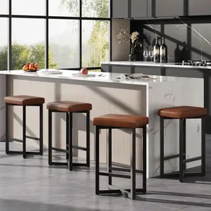 Modern Comfort Bar Stools Set – 24.6" Counter Height, Backless PU Leather Upholstered Seat, Metal X-Frame & Footrest, For Kitchen Island, Home Bar, Dining Room – Brown